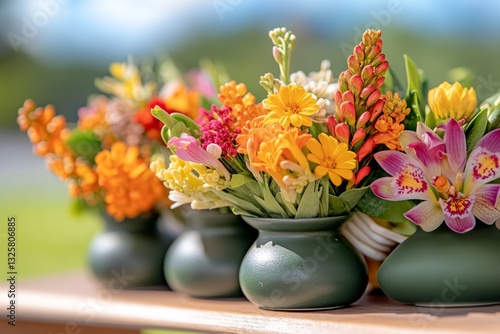 Wallpaper Mural Vibrant flower arrangements in small green vases displayed under a sunny sky at an outdoor event Torontodigital.ca