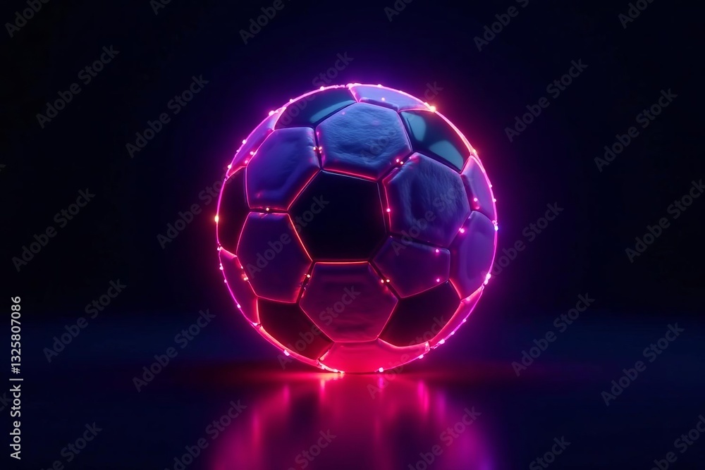 Fototapeta premium Digital illustration of neon glowing soccer ball on black background, digital, soccer