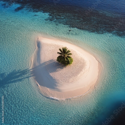 Solitary palm on a desert island, a tropical getaway dream escape