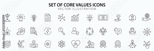 Core Values icon set. Success, quality, innovative, client, business, leadership, responsibility, Editable stroke icons. Vector Illustration.