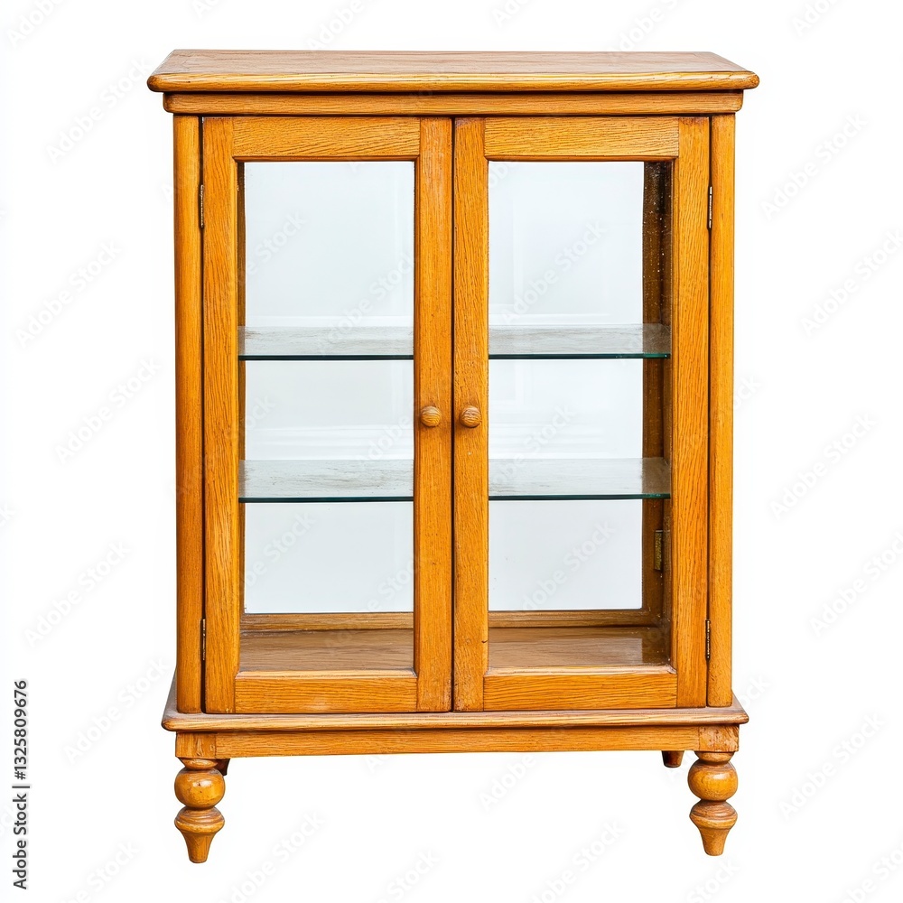 Obraz premium Vintage Wooden Display Cabinet with Glass Doors and Shelves, Generative AI.