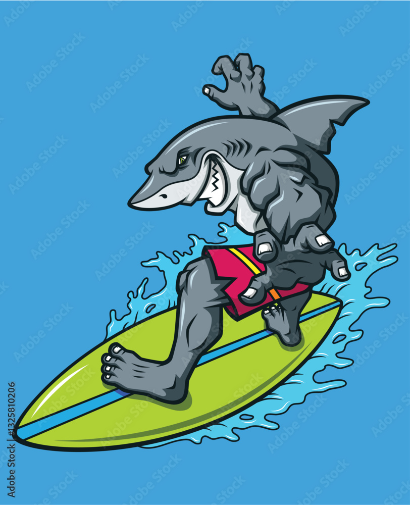 Naklejka premium Vector Cartoon Hand Drawn Surfing Shark