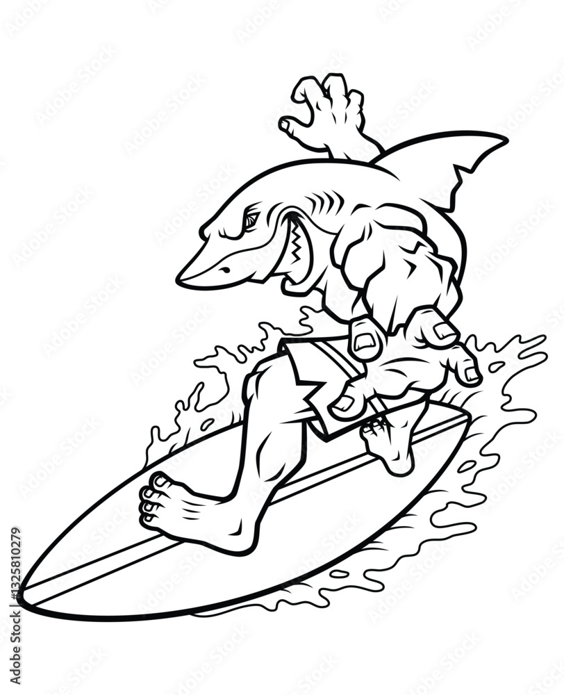 Fototapeta premium Vector Cartoon Hand Drawn Surfing Shark Line Art