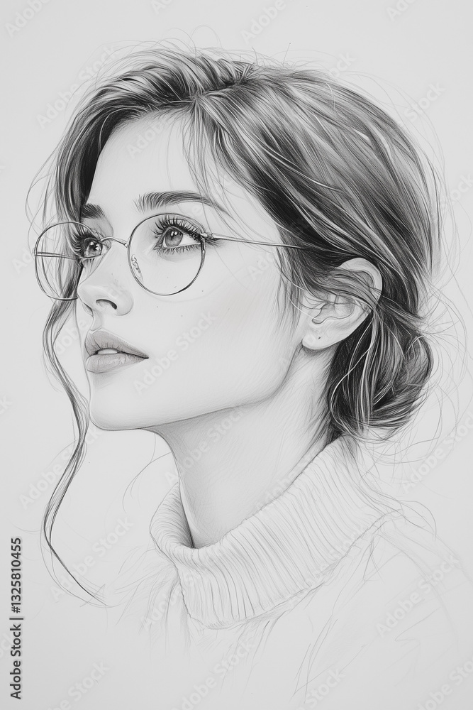 A contemplative sketch of a woman with glasses, capturing elegance and introspection A contemplative sketch of a woman with glasses, capturing elegance and introspection