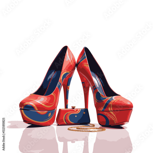 Vibrant platform shoes with clutch on reflective surface, fashion statement