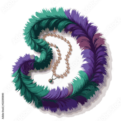 Elegant feather boa and pearl necklace on white background, luxury