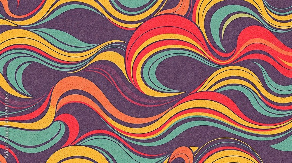Obraz premium A seamless abstract pattern featuring vibrant flowing wave shapes. Mid-century modern design aesthetic with a vintage textured effect.