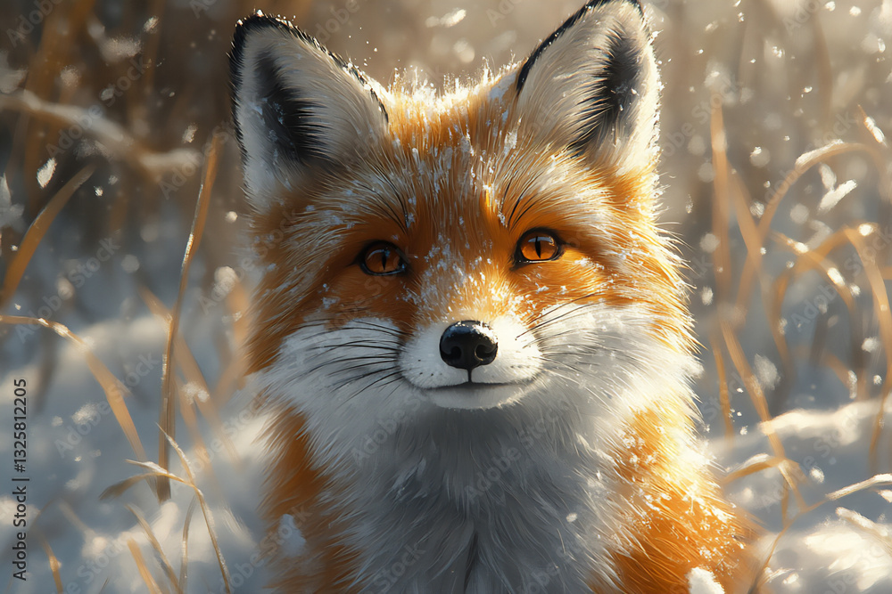 Obraz premium a beautiful red fox in the snow, with piercing eyes and fluffy fur.