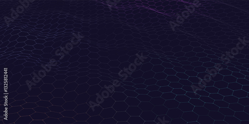 Abstract  background  hexagonal wavy color grids with circles on black. Technology concept virtual  data.  Banner for business, science and technology data analytics. Big Data.