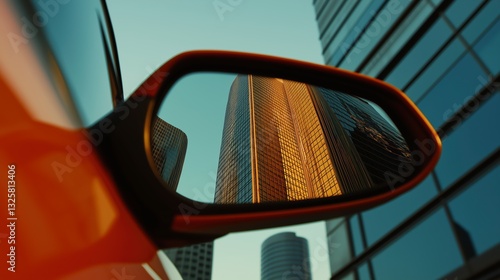 Modern skyscraper is reflected in a car's side mirror, with a cityscape in the background