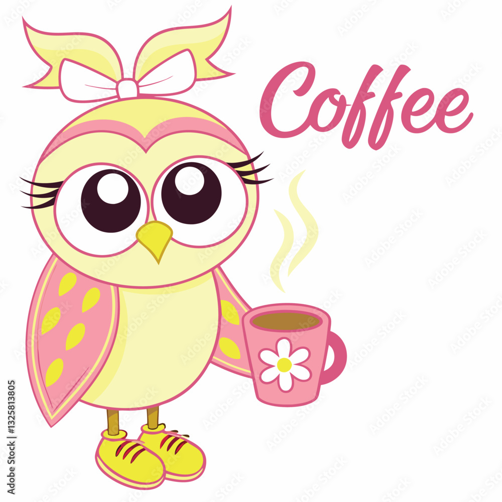 Naklejka premium Cute Owl Coffee Lover T-Shirt Design with Cartoon Bird and Floral Accents