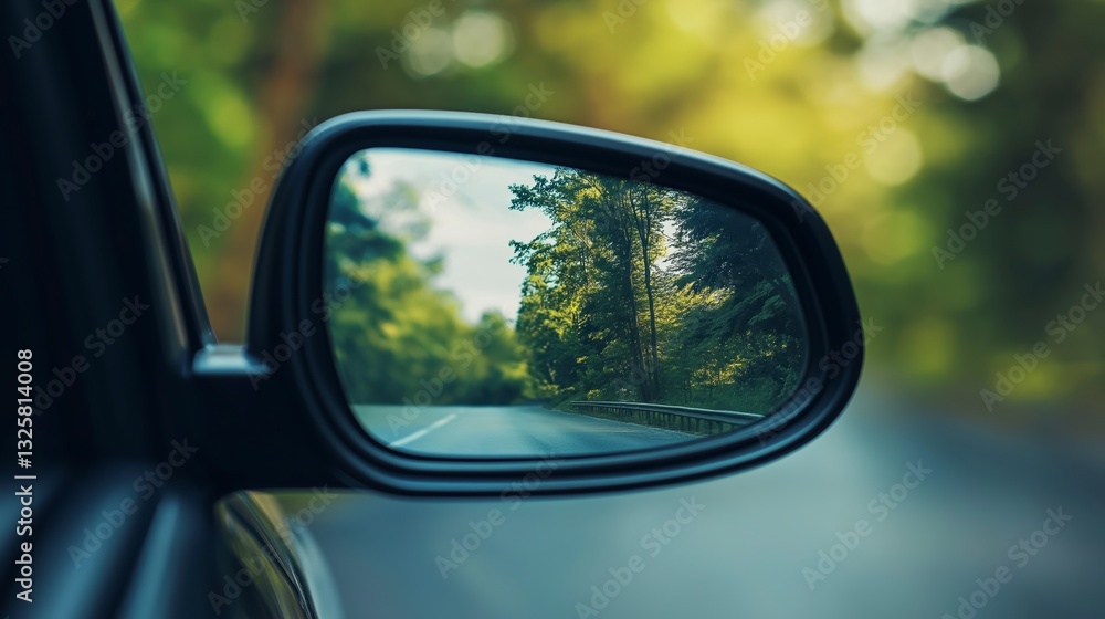 A car's side mirror reflecting a scenic view of a road lined with trees A car's side mirror reflecting a scenic view of a road lined with trees