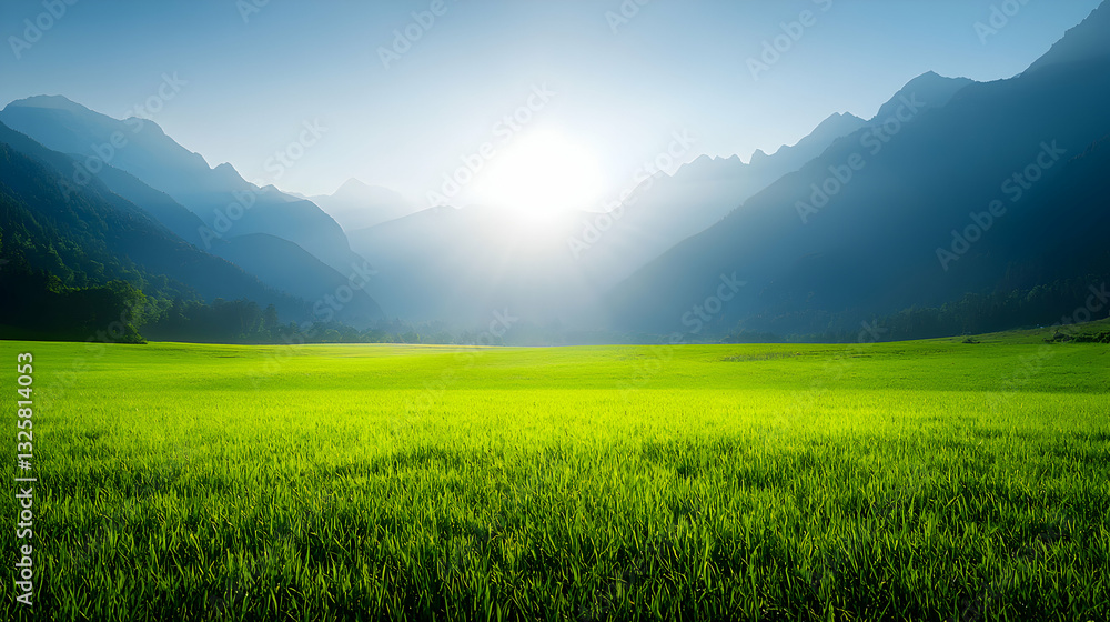 Obraz premium Lush Green Field with Bright Sunlight and Majestic Mountains in Background