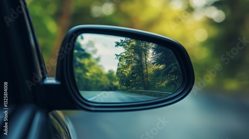 A car's side mirror reflecting a scenic view of a road lined with trees