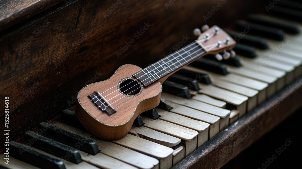 Fototapeta premium Miniature ukulele on old piano keys