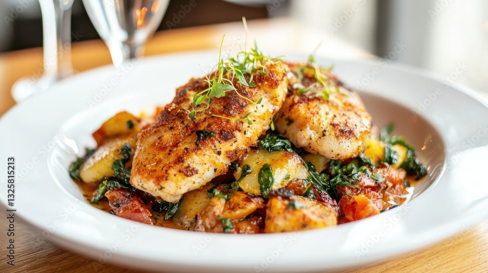 A delicious plate featuring grilled chicken on a bed of colorful vegetables and garnished with herbs, set in an elegant dining environment. A delicious plate featuring grilled chicken on a bed of colorful vegetables and garnished with herbs, set in an elegant dining environment.