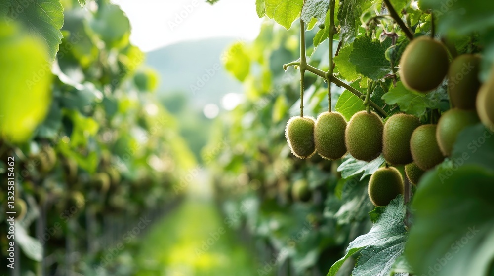 Fresh Green Kiwi Fruits Hanging on Vine Rows in Lush Orchard Fresh Green Kiwi Fruits Hanging on Vine Rows in Lush Orchard