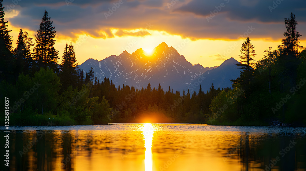 Fototapeta premium Majestic Mountain Sunset Reflected in Calm Lake