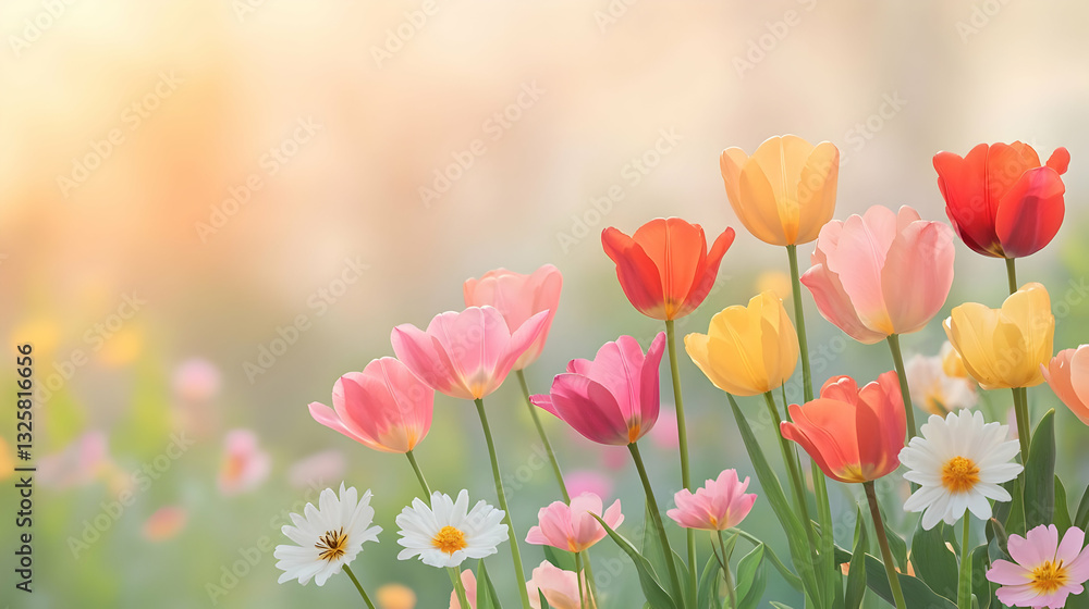 Colorful Tulips and Daisies in a Vibrant Spring Garden Scene Colorful Tulips and Daisies in a Vibrant Spring Garden Scene