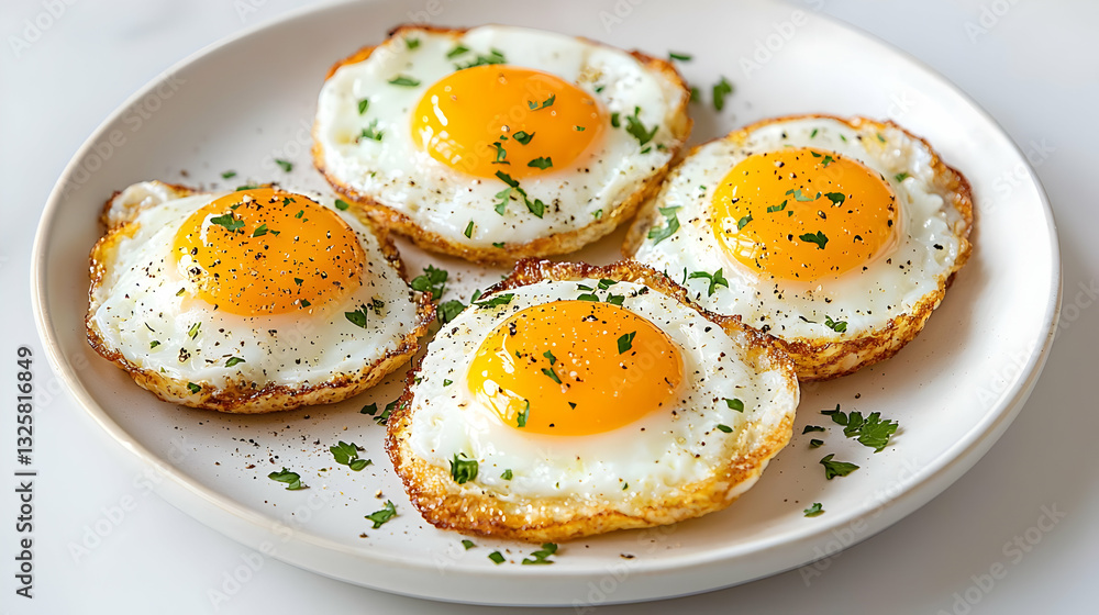 Freshly Cooked Sunny-Side Up Eggs on Plate with Green Herbs Freshly Cooked Sunny-Side Up Eggs on Plate with Green Herbs