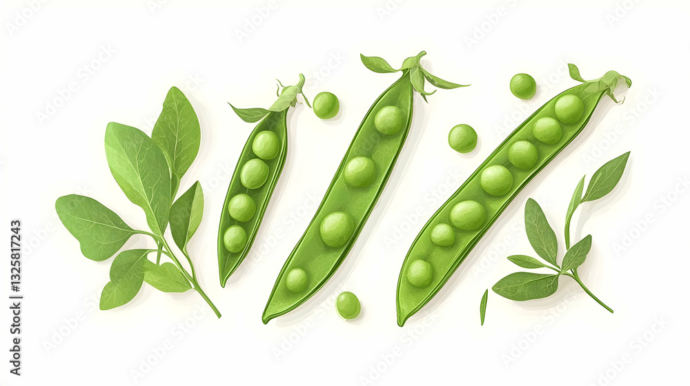 Fresh Green Peas and Leaves on White Background for Culinary Use Fresh Green Peas and Leaves on White Background for Culinary Use