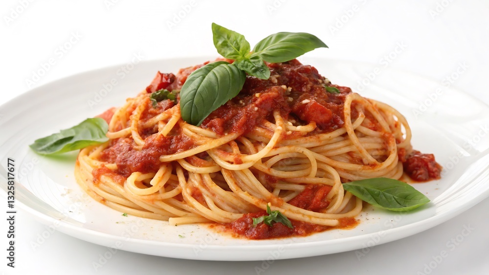 Plate of Spaghetti with Tomato Sauce and Basil Garnish, Isolated on a White Background, High-Resolution Pasta Photography representing classic Italian cuisine. Plate of Spaghetti with Tomato Sauce and Basil Garnish, Isolated on a White Background, High-Resolution Pasta Photography representing classic Italian cuisine.