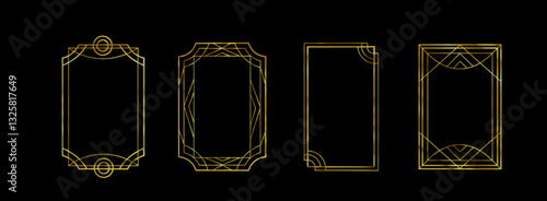 Great Gatsby deco frame collection with gold geometric borders on black background. Minimalist art nouveau style metallic outlines for luxury invitations, certificates or vintage design elements.