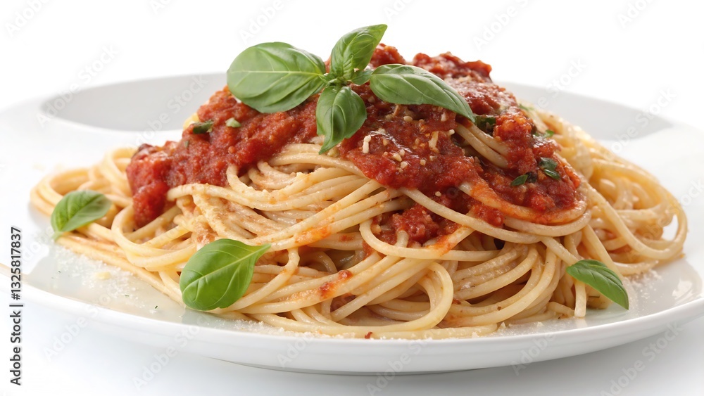 Plate of Spaghetti with Tomato Sauce and Basil Garnish, Isolated on a White Background, High-Resolution Pasta Photography representing classic Italian cuisine. Plate of Spaghetti with Tomato Sauce and Basil Garnish, Isolated on a White Background, High-Resolution Pasta Photography representing classic Italian cuisine.