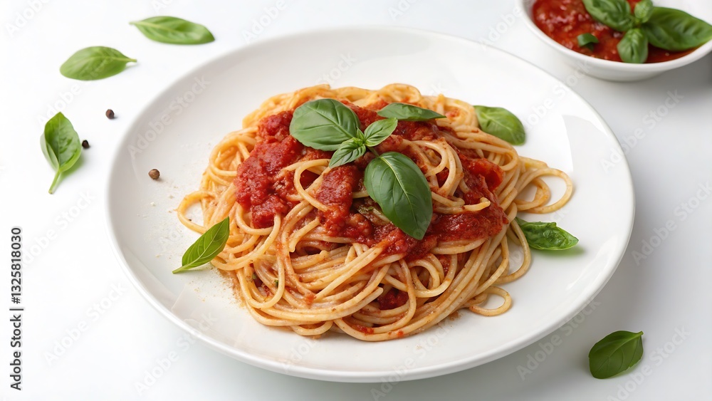 Plate of Spaghetti with Tomato Sauce and Basil Garnish, Isolated on a White Background, High-Resolution Pasta Photography representing classic Italian cuisine. Plate of Spaghetti with Tomato Sauce and Basil Garnish, Isolated on a White Background, High-Resolution Pasta Photography representing classic Italian cuisine.