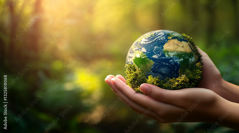 Protecting earth, Hands holding globe with miniature forests flourishing Protecting earth, Hands holding globe with miniature forests flourishing