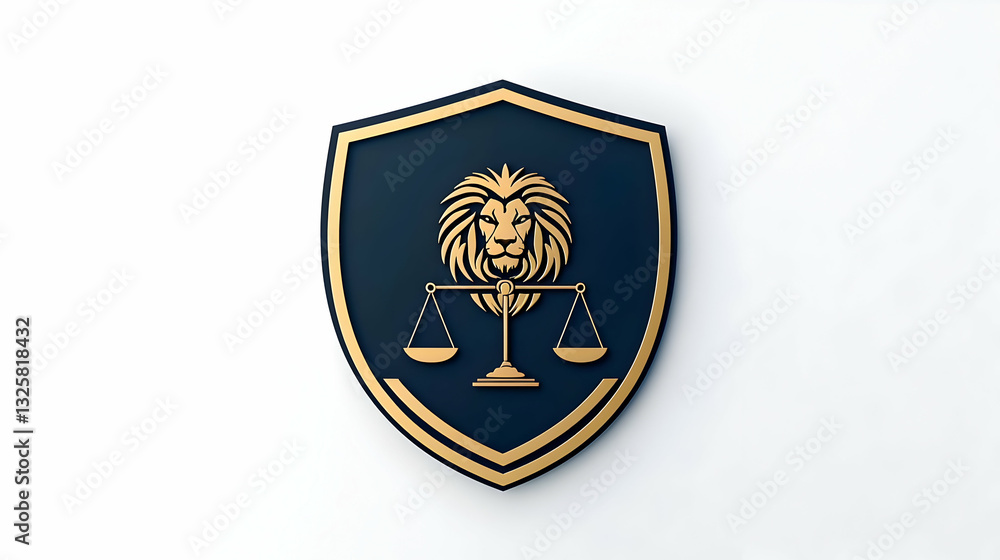 Lion Symbol on Shield with Scales of Justice in Gold and Blue Design Lion Symbol on Shield with Scales of Justice in Gold and Blue Design