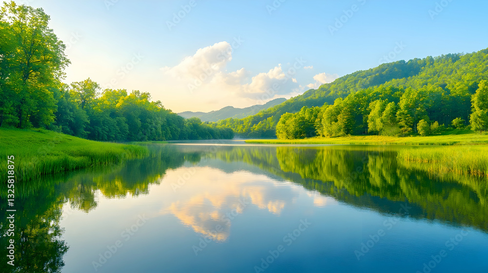 Serene Lake Scene Surrounded by Lush Green Trees and Mountains Serene Lake Scene Surrounded by Lush Green Trees and Mountains