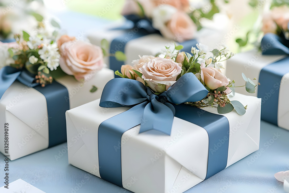 Elegant White Gift Boxes Adorned with Delicate Peach Roses and a Blue Ribbon, Arranged on a Light Blue Surface, creating a Festive and Romantic Atmosphere. Elegant White Gift Boxes Adorned with Delicate Peach Roses and a Blue Ribbon, Arranged on a Light Blue Surface, creating a Festive and Romantic Atmosphere.