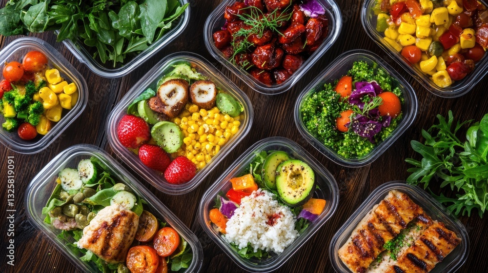 Fresh Healthy Meal Prep in Clear Containers on Wooden Background Fresh Healthy Meal Prep in Clear Containers on Wooden Background