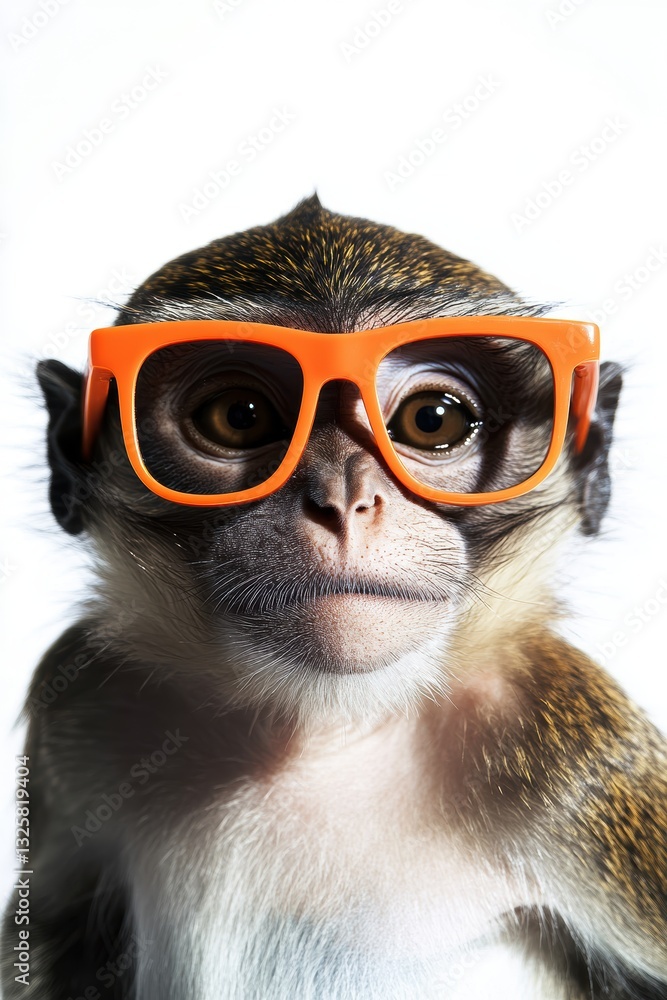 Monkey wearing orange glasses with a curious expression, cute animal portrait, funny pet photo, playful primate, wildlife photography, adorable monkey. Monkey wearing orange glasses with a curious expression, cute animal portrait, funny pet photo, playful primate, wildlife photography, adorable monkey.