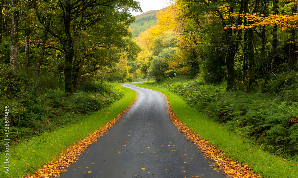 Fototapeta premium Winding Road Through Colorful Autumn Forest with Fallen Leaves