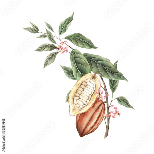 Branch of cocoa tree with green leaves and two red-orange cocoa fruits, one fruit cut in half. Watercolor botanical illustration for food packaging, book illustrations, confectionery branding