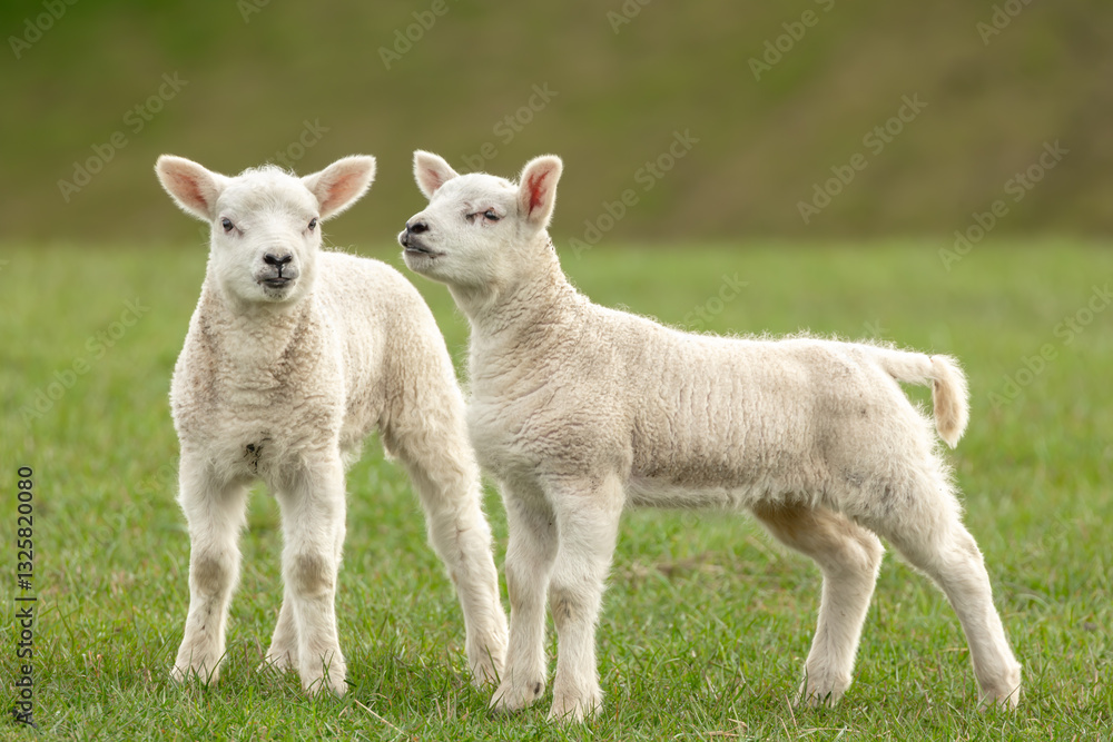 Lambs in Springtime, close up of two cute twin lambs in Springtime, stood in lush green meadow, one facing front, one to the left. Horizontal. Copy space Lambs in Springtime, close up of two cute twin lambs in Springtime, stood in lush green meadow, one facing front, one to the left. Horizontal. Copy space