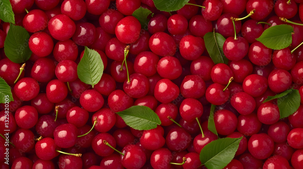 Fresh and Vibrant Red Cherries with Green Leaves on Dark Background Fresh and Vibrant Red Cherries with Green Leaves on Dark Background