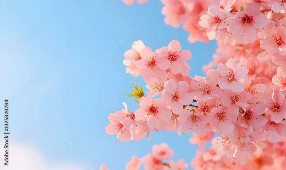 Fototapeta premium Pink Cherry Blossom Flower Against Clear Blue Sky Background