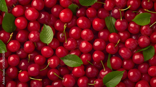 Fresh and Vibrant Red Cherries with Green Leaves on Dark Background