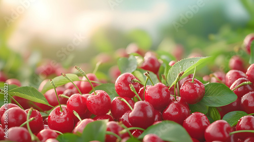 Fresh Red Cherries on Tree Branch with Green Leaves in Sunlight