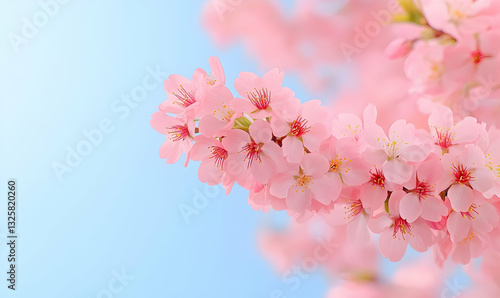 Delicate Pink Cherry Blossom Branch Against Soft Blue Sky Background