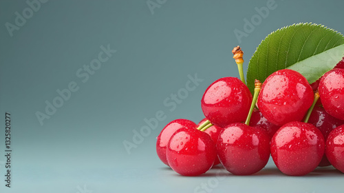 Fresh and Juicy Red Cherries with Raindrops on Green Background