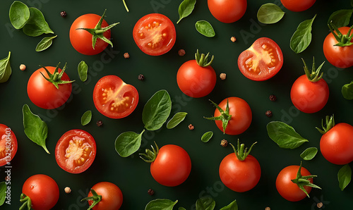 Fresh Red Tomatoes and Green Spinach Leaves on Dark Background