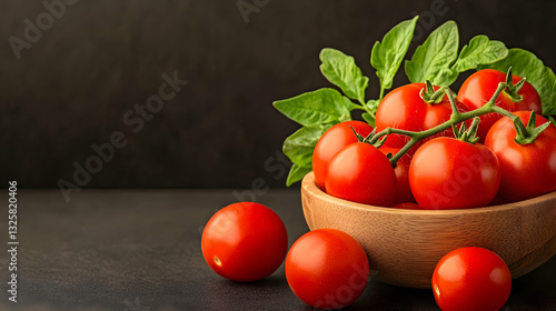 Fresh Red Tomatoes with Green Leaves in a Wooden Bowl on Dark Surface