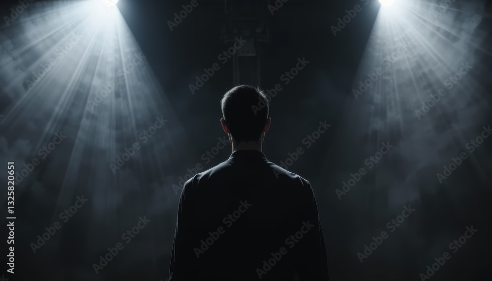 person stands in spotlight with dramatic lighting and smoke person stands in spotlight with dramatic lighting and smoke