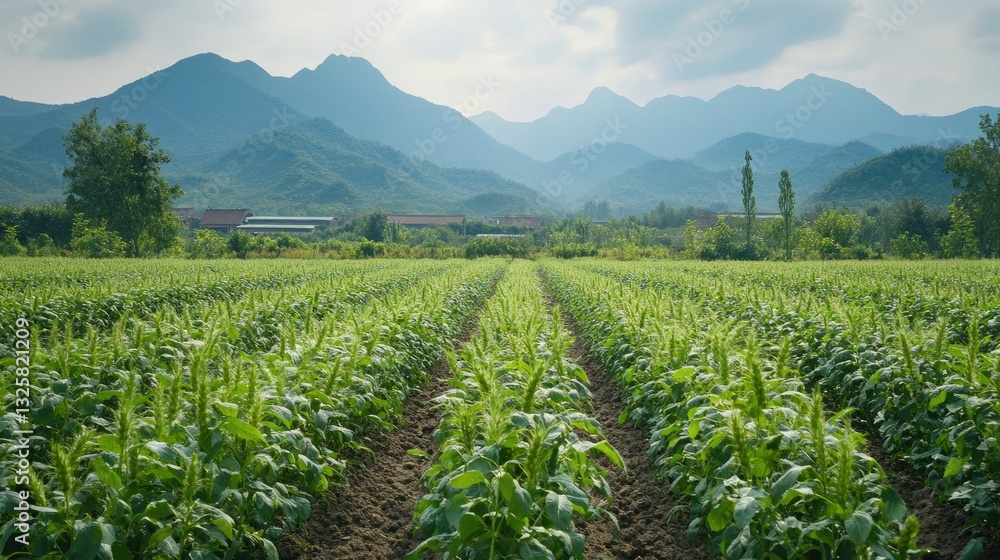 Lush Green Field Landscape with Mountains in the Background Lush Green Field Landscape with Mountains in the Background