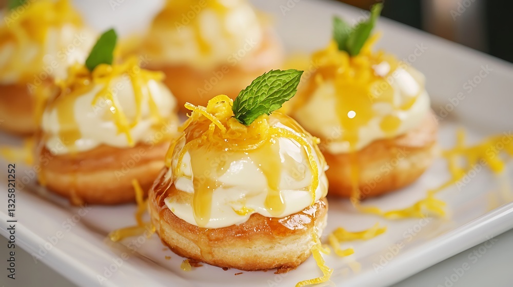 Close-up of profiteroles filled with light lemon cream Close-up of profiteroles filled with light lemon cream
