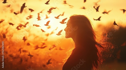 A radiant woman stands outdoors as the breeze dances through her flowing locks, casting gentle shadows across her smile while sunlight bathes her features in golden light. Her gaze turns to the right,
